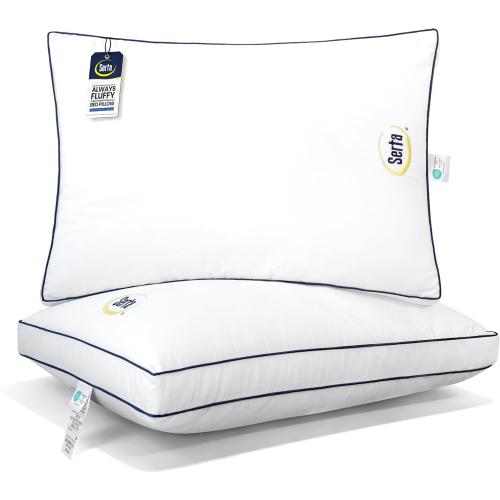 Serta Hotel Collection Bed Pillows Queen/Standard Size Set of 2, 400 Thread Count 100% Cotton Cover, Medium Soft, Support Gusseted Down Alternative Pillow for Back, Stomach or Side Sleepers, 18 x 26