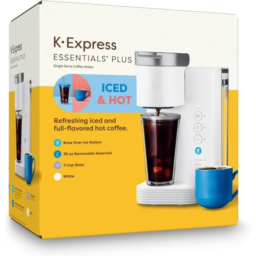 K-Express Essentials Iced and Hot Single Serve Coffee Maker, Brew Over Ice Button, 36oz Reservoir, KCup Pod Compatible, Auto Off (White) NEEDS CLEANING