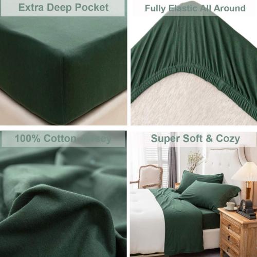 PURE ERA Jersey Knit 4pc Bed Sheet Set 100% T-Shirt Cotton Super Soft Comfy Breathable Fits Mattress Up to 20 Extra Deep Pocket (Solid Forest Green, King)