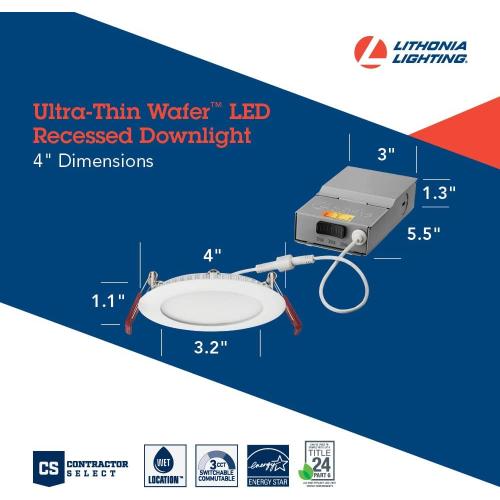 Lithonia Lighting WF4 LED 30K40K50K 90CRI MB M6 Recessed Wafer Downlight with Ultra Thin Round Trim, Color Temperature Selectable, 3000K | 4000K | 5000K, 4-Inch, Matte Black