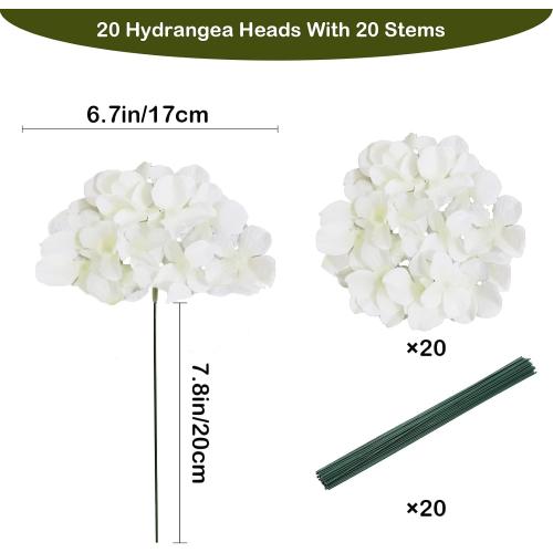 20 Pcs White Hydrangea Artificial Flowers Bulk, Faux Hydrangea Flowers Heads, Artificial Fake Silk Hydrangea Flowers with Stems, White Flowers Artificial for Decoration Wedding Décor