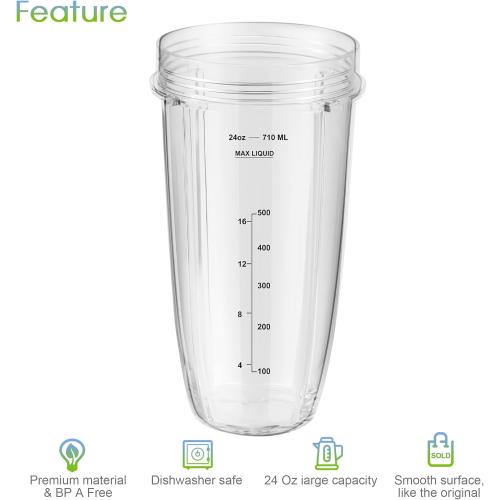 Blender Replacement Parts for Ninja, 24oz Ninja Blender Cups with To-Go Lids, 7 Fins Extractor Blade, Compatible with Nutri Ninja Auto iQ Blenders BL2012 BN801 BL480-30 BL640-30 BL642-30 NN100-30