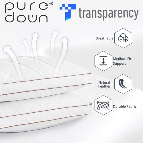 puredown® Goose Feathers and Down Pillow for Sleeping Hotel Collection Bed Pillows, Gusseted, King, Set of 2