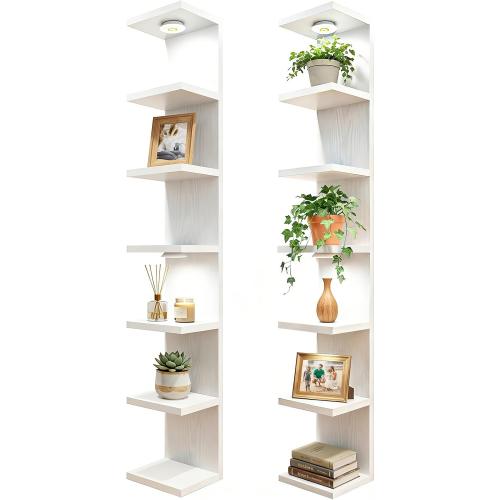 Fixwal 7 Tier Wall Mounted Shelf Set of 2 White Lack Wall Shelf with LED Lights Floating Shelves for Home Decor Organizer Display