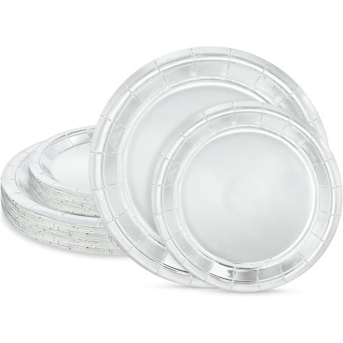 Silver 50 Pcs Silver Paper Plates, 25 Pcs 9 Inch and 25 Pcs 7 Inch Disposable Dessert Plates for Valentines,Tea Party, Baby Shower, Birthday, Wedding, Graduation, Picnic, BBQ, Party