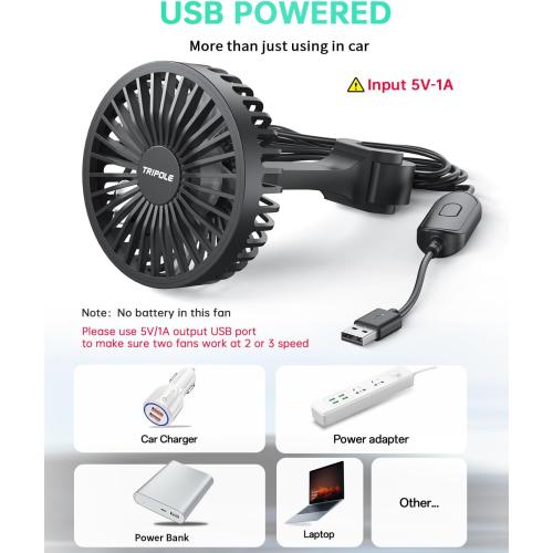 TriPole Car Fan for Rear Seat USB Powered Powerful 3 Speed 5V Fan with Adjustable Clip for Vehicles SUV RV