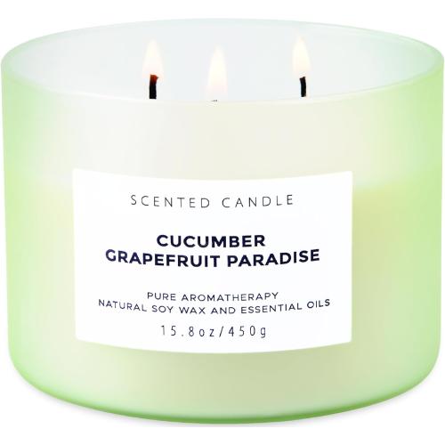 Cucumber Grapefruit Paradise 3-Wick Scented Candle | Large Soy Candle for Home 15.8 oz | Fresh Fruity Citrus Summer Aromatherapy Candle, Long Lasting Stress Relief & Relaxation Candles for Men & Women