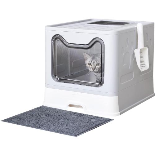 Cat Litter Box with Litter Mat and Scoop, Large Foldable Litter Box with Lid, Front Entry Top Exit Kitty Box, Odor Control, Easy to Clean (Grey)