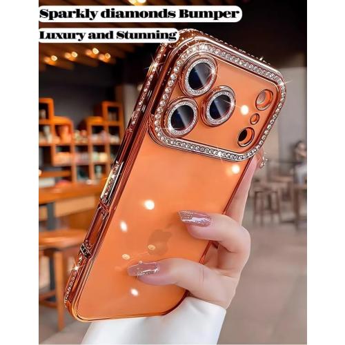 for iPhone 17 Pro Max Case Clear Glitter, Orange, Cute Luxury 3D Sparkly Bling Diamond Rhinestone Camera Lens Protector Soft Plating TPU Bumper Transparent Women Girls Phone Case for iPhone 17 Pro Max
