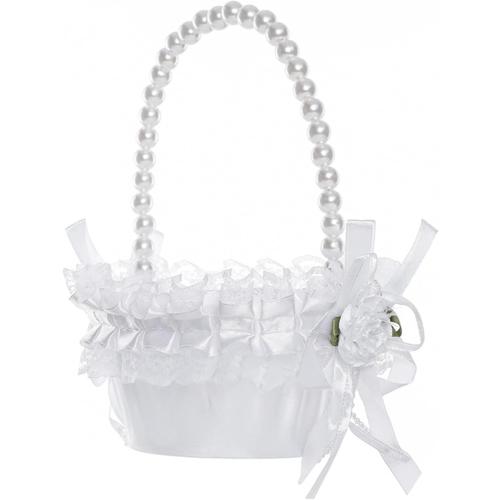 Wedding Flower Girl Basket with Pearl Handle,Satin Flower Storage Basket for Wedding Home Garden Decor (5835 Small, 1)