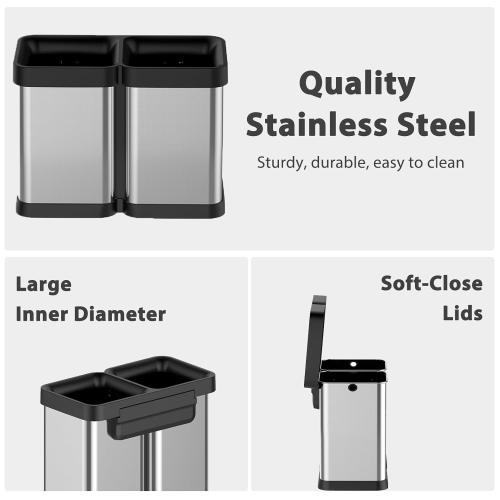 GAOMON 2x5.3 Gallon Kitchen Trash Can, Dual Compartment Waste Bins, Open Top, No Lid Stainless Steel Trash Bin for Kitchen, Office, Restaurant