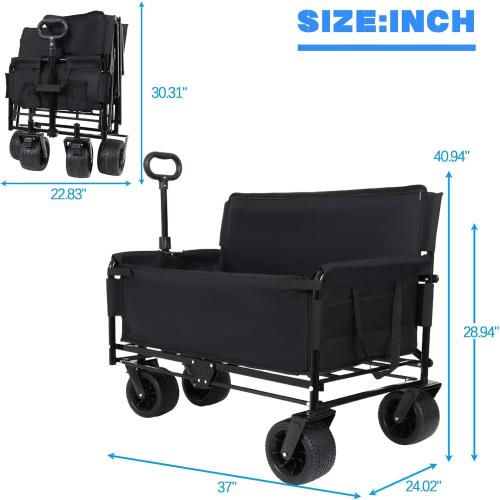 Heavy-Duty 3-in-1 Convertible Folding Wagon Cart with Bench Seat - 500lbs Capacity All-Terrain Utility Wagon, 180L Storage for Camping, Beach, Garden, Sports (Black)