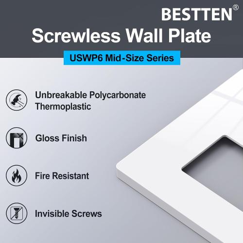 [4 Pack] BESTTEN 3 Gang Mid-Size Screwless Outlet Cover, Midway Decorative Wall Plate, USWP6 Gloss Snow White, Midsize H4.88 x W6.74