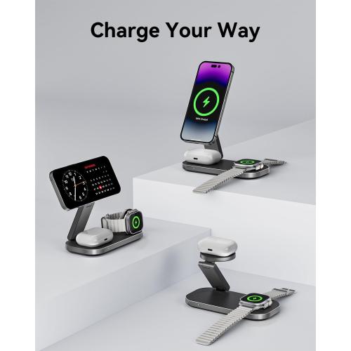 3-in-1 Charging Station for Apple Device, Qi2 25W Magnetic Wireless Foldable Fast Charger Stand Compatible with MagSafe for iPhone Air/17/16/15/14/13/12 Series, Apple Watch & AirPods