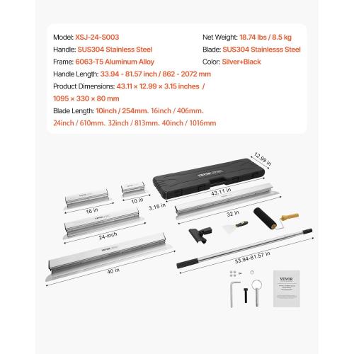 VEVOR Drywall Skimming Blade Set (10/16/24/32/40 inch) with 34-81.6 inch Extension Handle, Professional Stainless Steel Knife for Gyprock, WallBoard, and Plasterboard Skim Coating