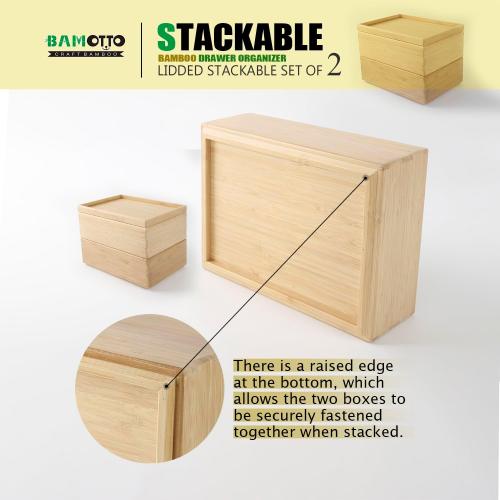 Stackable Bamboo Drawer Organizer Set – 2 Boxes with 1 Lid | Wood-Laminated Trays for Kitchen Utensils, Silverware & Flatware – Storage Fits Cabinets, Pantry, Bathroom & Office | 10.2x7.3 (2-Pack)