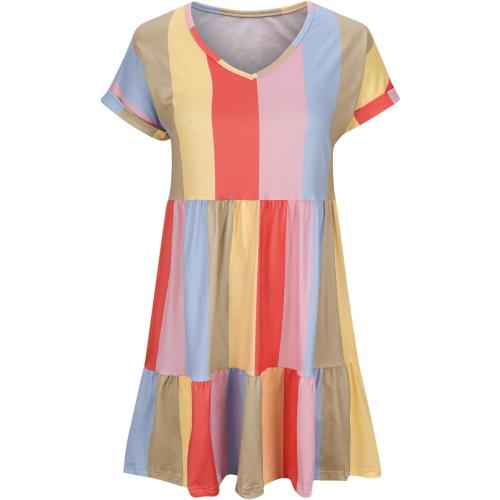 Size XL Color multi Womens Summer Multicolor V Neck Short Sleeves Casual Babydoll Knee-Length Dress Color Block Stripes Tiered Swing Mini Dresses