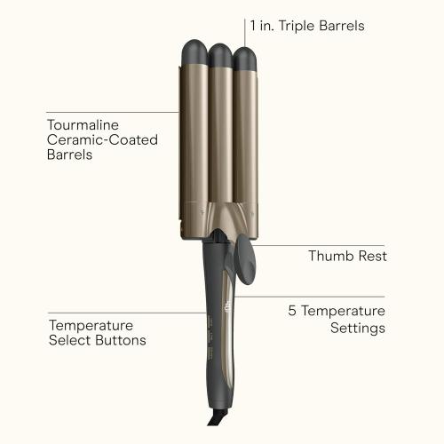 Infiniti PRO CONAIR Triple Barrel Waver Curling Iron, 3-Barrel Hair Waver to Create Long-Lasting Beachy Waves, for use on Medium to Long Hair, Dual Voltage, Gray