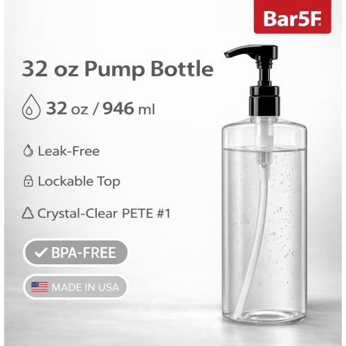Bar5F Empty Pump Bottles 32 oz. (1-Liter) BPA-Free Crystal-Clear USA 2-Pack | Large Refillable Containers for Shampoo, Conditioner, Body Wash, Lotion, Gel, Laundry Detergent, Hand Soap