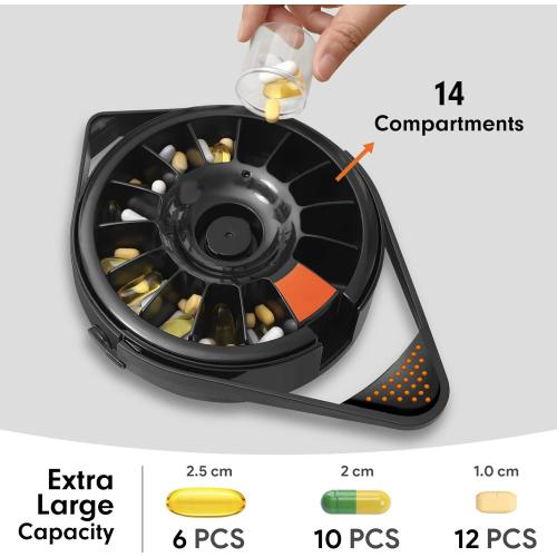 Fullicon Weekly Pill Dispenser Organizer with 14 Large Compartments and Child-Proof Lock, Spindo Medicine Dispenser-Dispense Vitamin/Tablet/Supplement for Elderly/Amnesia/Dementia