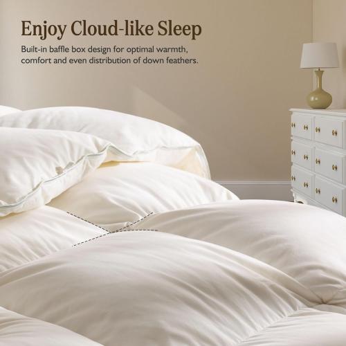 BPC Heavyweight Organic Feather Down Comforter Queen Size, Hotel-Luxury Extra Fluffy Duvet Insert with Cotton Cover and Puffy Feather Down Filling for Winter, Ivory White, 90x90 Inches
