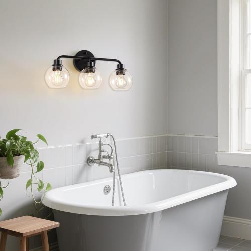 Bathroom Light Fixtures Black Vanity Light, 3 Light Modern Wall Sconces Lighting Bathroom Lights with Globe Clear Glass Shades, Bath Wall Lights Wall Lamp for Mirror Kitchen Living Room Hallway