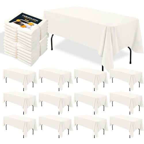 BIGTONE 12 Pack Ivory Rectangle Tablecloth 60 x 102 Inch, Cross Ribbon Packing Reusable Table Clothes for 6 Foot Tables, Wrinkle Resistant Polyester Fabric Table Cover for Wedding, Party, Banquet