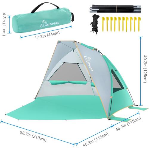 Color Mint Green WolfWise 2-3 Person Portable Beach Tent UPF 50  Sun Shade Canopy Umbrella with Extendable Floor, Mint Green