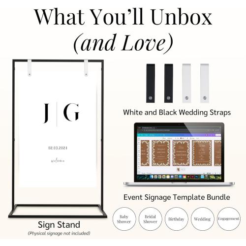 Black Wedding Sign Holder Stand - Elegant Metal Welcome Sign Stand for Wedding, Baby Shower, Bridal Party - 2 Sign Straps, 7 Ribbons for Hanging - Sturdy Display Easel for Seating Chart & Fabric Signs