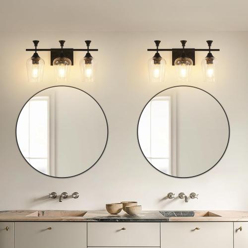 Bathroom Light Fixtures (3-Light, 19 Inch), Matte Black Vanity Lights for Bathroom with Clear Wine Glass Glass Shade, Modern Vanity Wall Lights for Mirror Bedroom Living Room Kitchen Hallway Porch