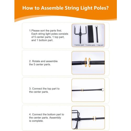 4 Pack String Light Poles for Outside, Thickened Metal Lights Hanger Pole Outdoor with Fork, Lighting Hanging Post Accessories for Patio Decor Garden Backyard Yard Front Porch Outside Decorations