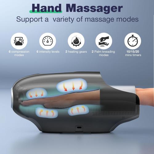 Hand Massager with Heat and Compression, Hand Massage for Arthritis and Carpal Tunnel Relief, 6 Modes Pressure Point Therapy, Blowing Wrist Massager, Finger & Palm Kneading, Gifts for Mom Dad
