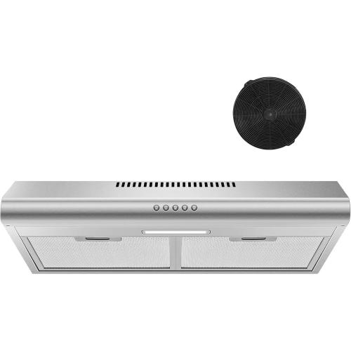 24 inch Range Hood Under Cabinet, Stainless Steel Range Hood 280CFM, Slim Kitchen Stove Hood w/Push Button, Ducted/Ductless Convertible, 3 Speeds Exhaust Fan, LED Light and Carbon Filter