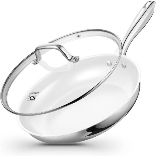 KOCH SYSTEME CS Stainless Steel Pan with Lid, Premium 12 Stainless Steel Skillets with Nonstick White Ceramic Coating, Nonstick Frying Pan with Lid, Induction Compatible, 12 Inch