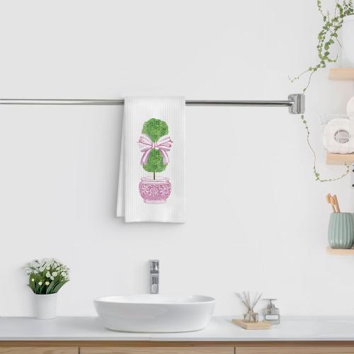 Chinoiserie Plant Kitchen Towels, Coquette Pink Bow Tree Hand Towels for Bathroom, Preppy Plant Decor Dish Towels Tea Towels, Grandmillennial Home Decor, 16x24 Inch