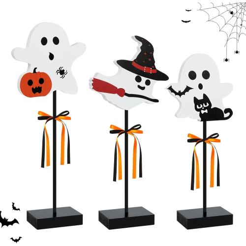 3 Pcs Halloween Wooden Table Decor Wooden Ghost Sign Set Tiered Tray Tall Standing Centerpieces for Home Party Indoor Decor