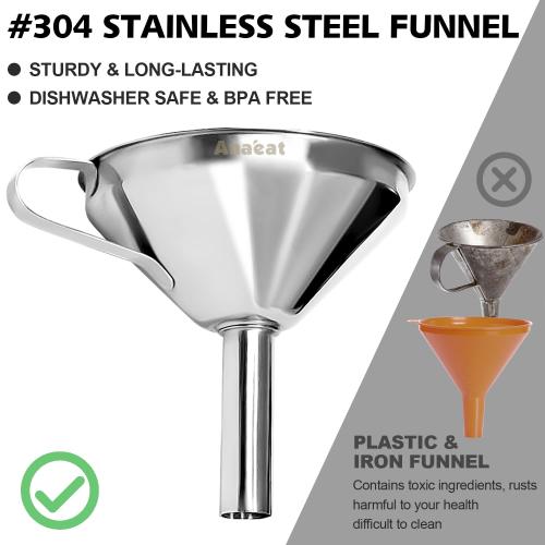Anaeat Stainless Steel Kitchen Funnel, Multi-Use Premium Metal Food Grade Cooking Funnels with 2 Removable Strainer Filter for Transferring Liquid or Dry ingredients, Oils & 1 Pc Cleaning Brush (5.0)