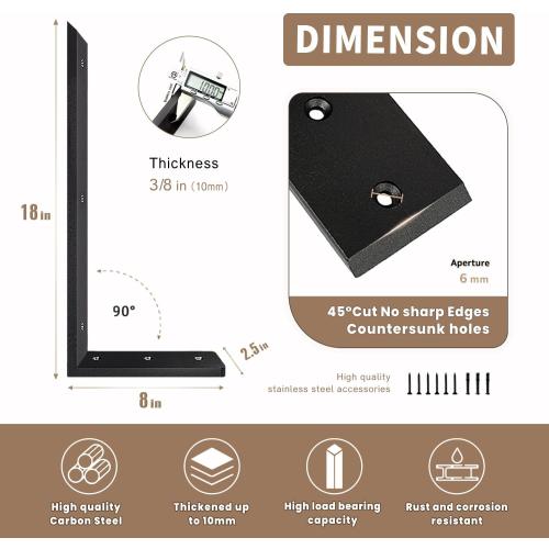 Size 18 Set of 4 Color Black Countertop Support Bracket 18 Inch 4 Pack Countertop Bracket for Granite 3/8 Thick 18x8x2.5 Heavy Duty L Brackets Shelf Brackets Metal Corbels for Quartz/Granite/Wood/Concret/ Laminate Countertops