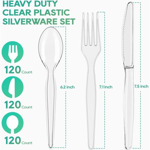 FOCUSLINE 360 Count Clear Plastic Silverware, 120 Forks, Knives and Spoons Each, BPA-Free, Heavy Duty Disposable Cutlery Set, Premium Disposable Flatware Plastic Utensils for Party Everyday Use