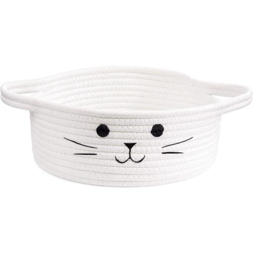 HiChen Small Woven Basket, Cute Cat Toy Basket for Living Room, Decorative Nursery Bin for Toys, Diapers, Empty Gift Baskets for Baby, White, 9.8 x 4 inches