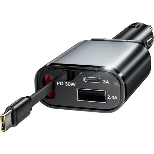 Retractable Car Charger, 3 in 1 Fast Car Phone Charger 50W, 1 TypeC Retractable Cables and USB Port,USB C Car Charger Compatible with iPhone 17/17 Pro Max/16/15/14/13/12/11,for Galaxy S25,Pixel 10