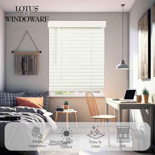 LOTUS & WINDOWARE Cordless 2-inchFaux Wood Blind 70 Wide x 48 Long,(Soft White-Antique White),Smooth, Room Darkening, Horizontal Blinds for Living Room, Bedroom, Interior Door Windows - 70 x 48,Sof