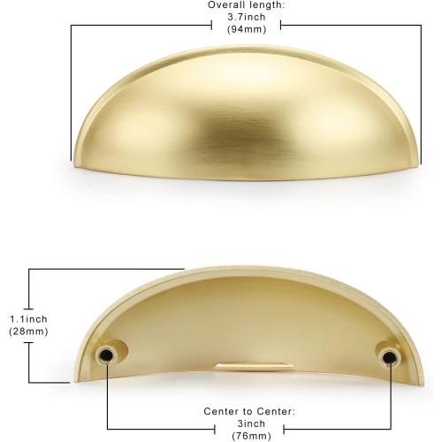 Goldenwarm 10 Pack Light Brass Bin Cup Pulls Light Brushed Gold Cabinet Pulls - LS0313BB76 Gold Cup Drawer Pulls Dresser Pulls Kitchen Furniture Hardware Closet Door Pulls, 3in Hole Centers