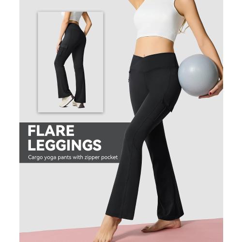 Flare Leggings for Women Yoga Crossover High Waist Pants with Tummy Control Workout Cargo with 5 Pockets Bootcut Leggings