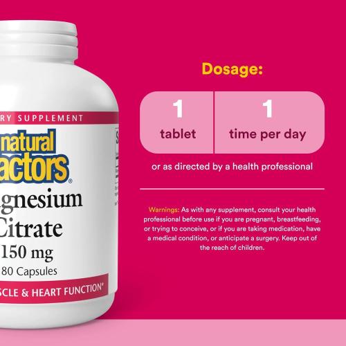 Natural Factors, Magnesium Citrate 150 mg, Muscle and Heart Health Formula, 180 Capsules