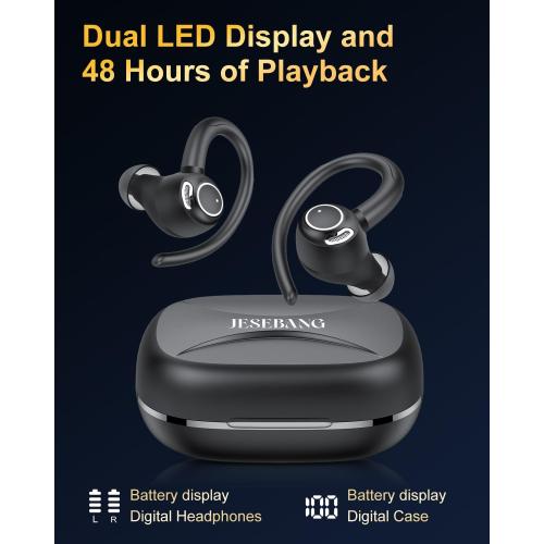 Wireless Earbuds, Bluetooth 5.4 Headphones Sport, Over Ear Buds With ENC Noise Cancelling Mic, 48H, Wireless Earphone With Earhooks, Stereo Deep Bass, IP7 Waterproof ear bud for Workout Running, Black
