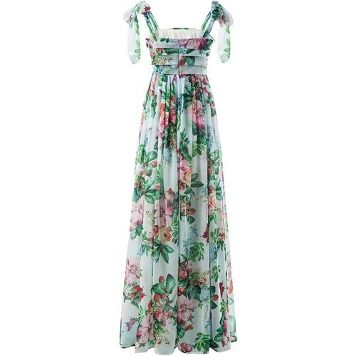 Women Size 12 Backless Flower Long Dress Bow Straps High Waist Pleated Beach Dress Chic Large Swing Sundress