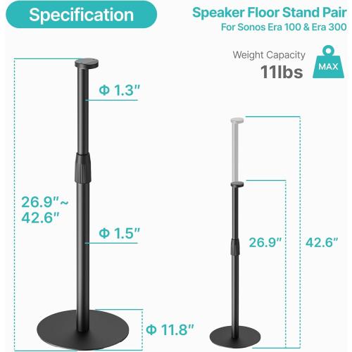 Adjustable Height Speaker Stands Compatible with SONOS Era 300 and Era 100, Height Adjustable up to 42.6'', Floor Stands with Cable Management, Speaker Mount, Black, 2 Pack (Pair)