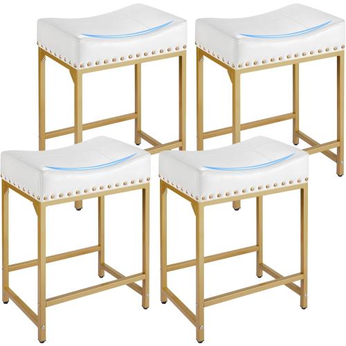Bar Stools Set of 4 Counter Height, 24 Modern Off White & Gold Counter Stools Set of 4, Stools for Kitchen Counter, Modern Barstools Saddle Stool Backless Island(Off White Gold)