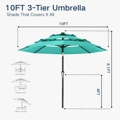 10FT Patio Umbrella 3 Tiers Outdoor Market Umbrella w/Push Button Tilt, Crank, UV and Waterproof Table Umbrella for Garden, Pool, Backyard, Deck, Lawn, Turquoise Blue